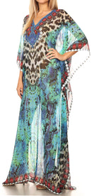 Sakkas Wilder  Printed Design Long Sheer Rhinestone Caftan Dress / Cover Up
