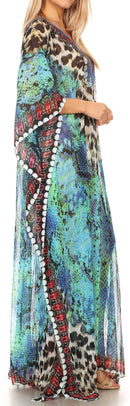 Sakkas Wilder  Printed Design Long Sheer Rhinestone Caftan Dress / Cover Up