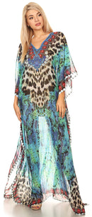 Sakkas Wilder  Printed Design Long Sheer Rhinestone Caftan Dress / Cover Up