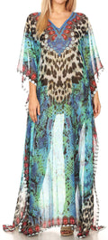 Sakkas Wilder  Printed Design Long Sheer Rhinestone Caftan Dress / Cover Up#color_17145-TurquoiseBlack