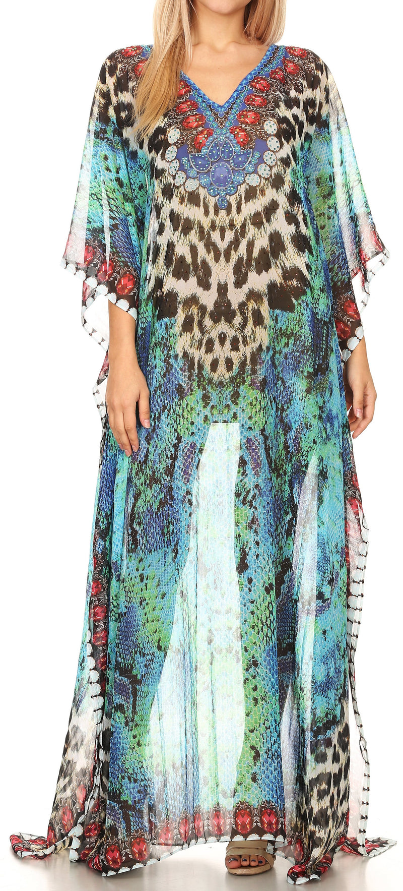 Sakkas Wilder  Printed Design Long Sheer Rhinestone Caftan Dress / Cover Up