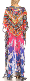Sakkas Wilder  Printed Design Long Sheer Rhinestone Caftan Dress / Cover Up