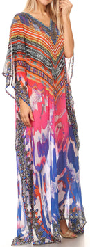 Sakkas Wilder  Printed Design Long Sheer Rhinestone Caftan Dress / Cover Up