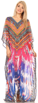 Sakkas Wilder  Printed Design Long Sheer Rhinestone Caftan Dress / Cover Up
