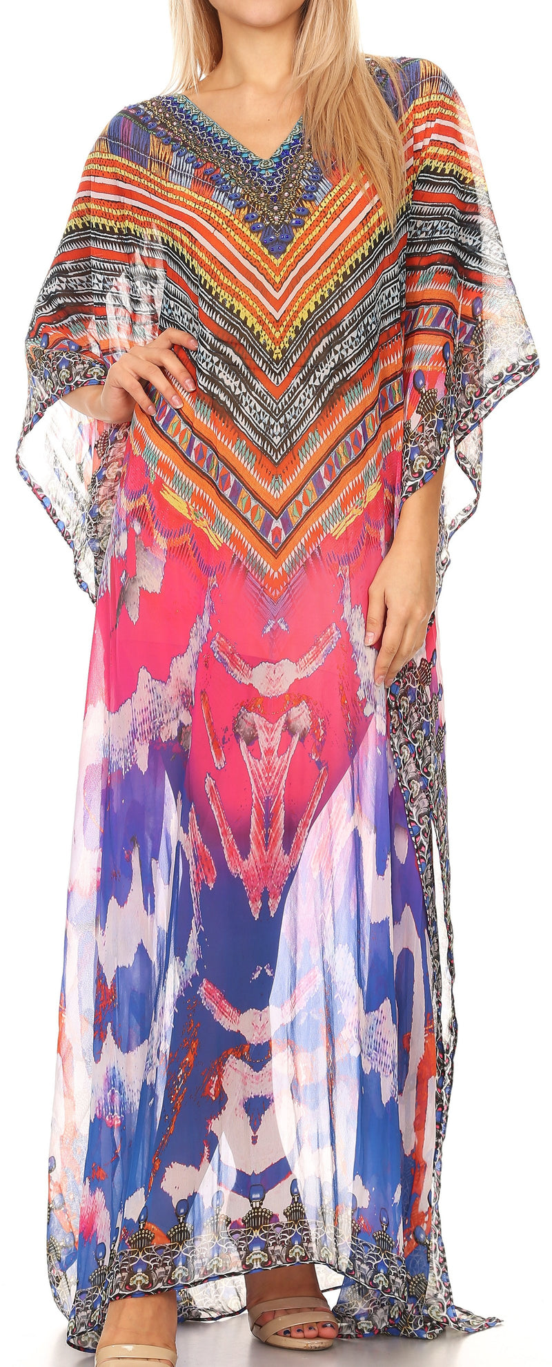 Sakkas Wilder  Printed Design Long Sheer Rhinestone Caftan Dress / Cover Up