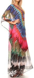 Sakkas Wilder  Printed Design Long Sheer Rhinestone Caftan Dress / Cover Up