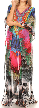 Sakkas Wilder  Printed Design Long Sheer Rhinestone Caftan Dress / Cover Up