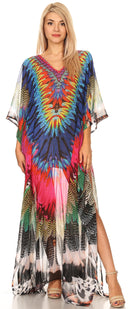 Sakkas Wilder  Printed Design Long Sheer Rhinestone Caftan Dress / Cover Up