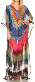 Sakkas Wilder  Printed Design Long Sheer Rhinestone Caftan Dress / Cover Up#color_17148-PinkBlack