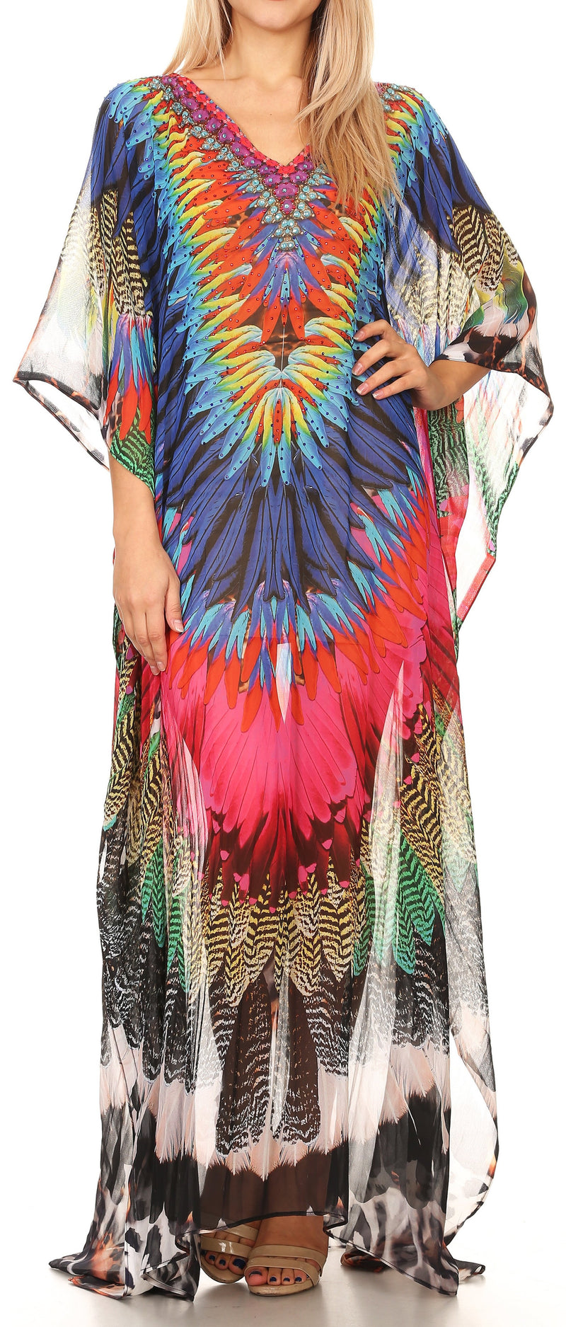 Sakkas Wilder  Printed Design Long Sheer Rhinestone Caftan Dress / Cover Up