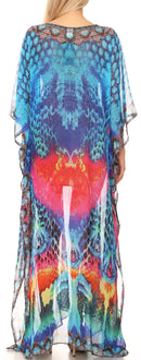 Sakkas Wilder  Printed Design Long Sheer Rhinestone Caftan Dress / Cover Up