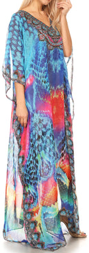 Sakkas Wilder  Printed Design Long Sheer Rhinestone Caftan Dress / Cover Up