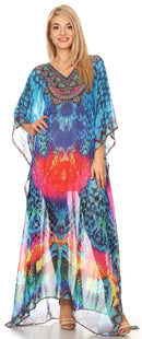 Sakkas Wilder  Printed Design Long Sheer Rhinestone Caftan Dress / Cover Up