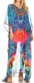 Sakkas Wilder  Printed Design Long Sheer Rhinestone Caftan Dress / Cover Up#color_17150-BluePink