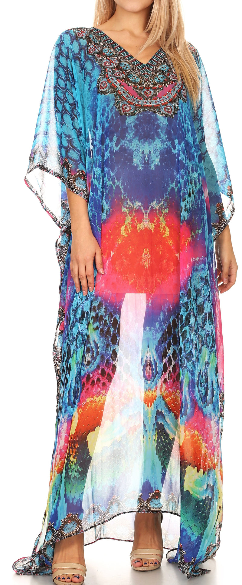 Sakkas Wilder  Printed Design Long Sheer Rhinestone Caftan Dress / Cover Up