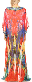 Sakkas Wilder  Printed Design Long Sheer Rhinestone Caftan Dress / Cover Up