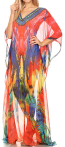 Sakkas Wilder  Printed Design Long Sheer Rhinestone Caftan Dress / Cover Up