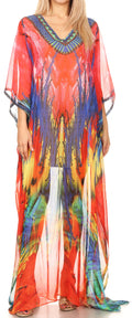Sakkas Wilder  Printed Design Long Sheer Rhinestone Caftan Dress / Cover Up#color_17151-PinkBlue