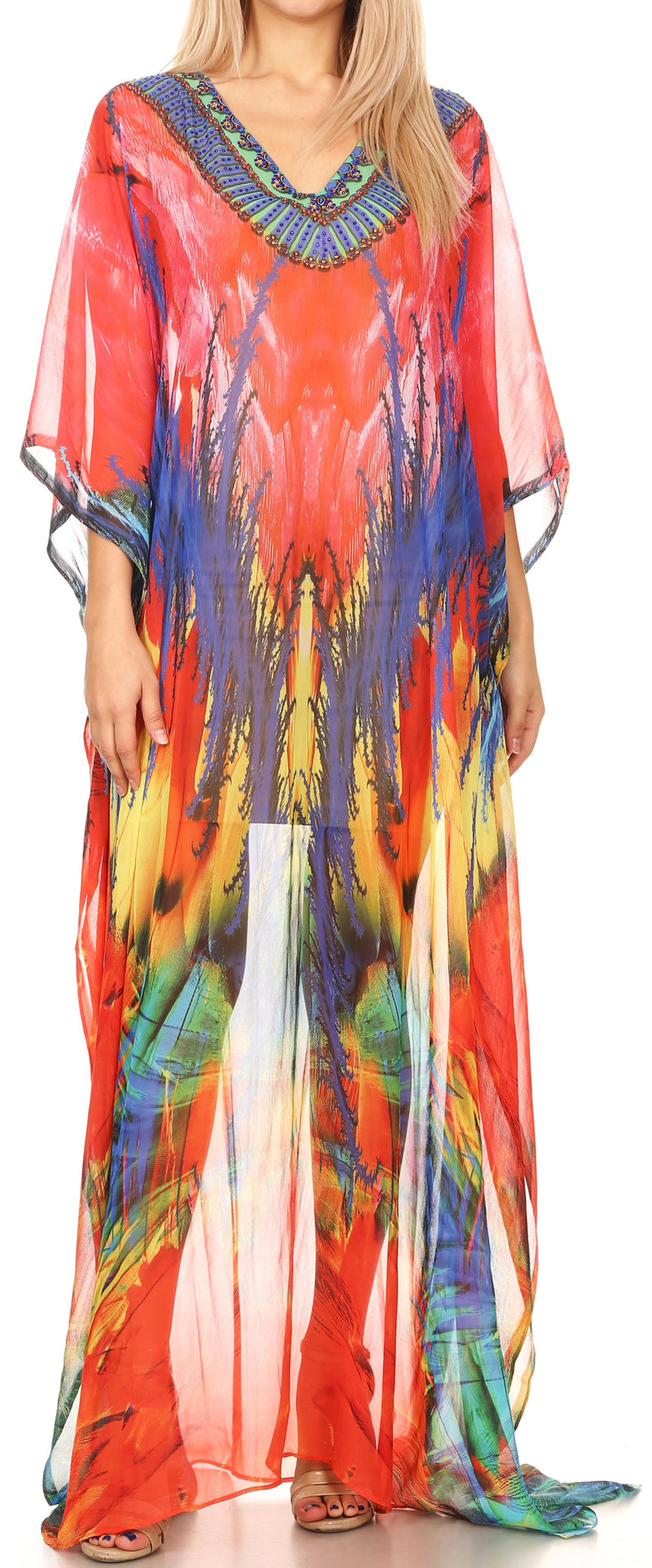 Sakkas Wilder  Printed Design Long Sheer Rhinestone Caftan Dress / Cover Up