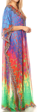 Sakkas Wilder  Printed Design Long Sheer Rhinestone Caftan Dress / Cover Up
