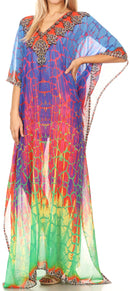 Sakkas Wilder  Printed Design Long Sheer Rhinestone Caftan Dress / Cover Up