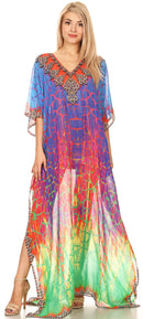 Sakkas Wilder  Printed Design Long Sheer Rhinestone Caftan Dress / Cover Up