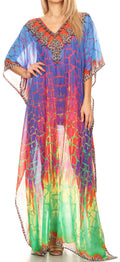 Sakkas Wilder  Printed Design Long Sheer Rhinestone Caftan Dress / Cover Up#color_17152-GreenBlue