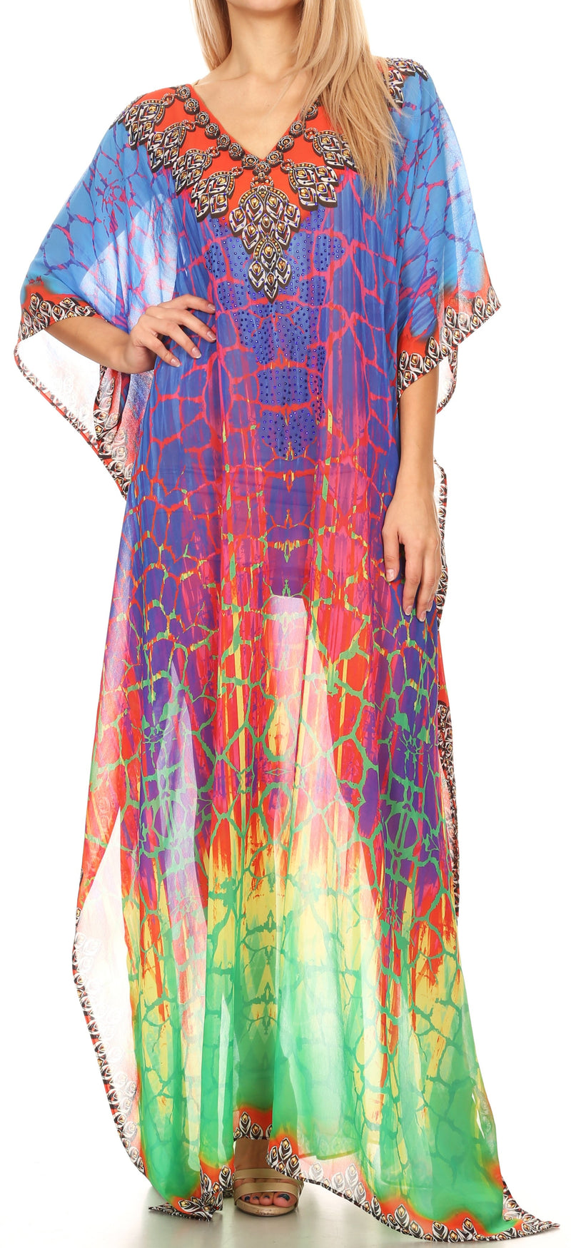 Sakkas Wilder  Printed Design Long Sheer Rhinestone Caftan Dress / Cover Up