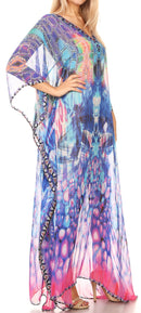 Sakkas Wilder  Printed Design Long Sheer Rhinestone Caftan Dress / Cover Up