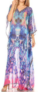 Sakkas Wilder  Printed Design Long Sheer Rhinestone Caftan Dress / Cover Up