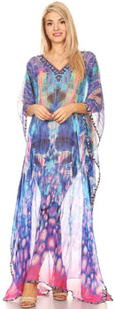 Sakkas Wilder  Printed Design Long Sheer Rhinestone Caftan Dress / Cover Up