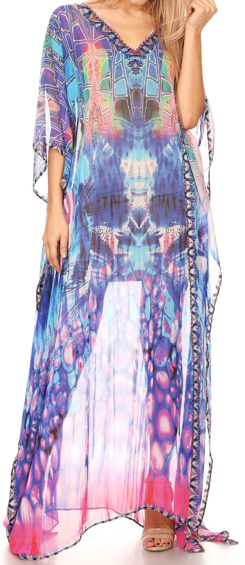 Sakkas Wilder  Printed Design Long Sheer Rhinestone Caftan Dress / Cover Up