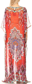 Sakkas Wilder  Printed Design Long Sheer Rhinestone Caftan Dress / Cover Up