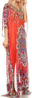 Sakkas Wilder  Printed Design Long Sheer Rhinestone Caftan Dress / Cover Up