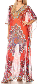 Sakkas Wilder  Printed Design Long Sheer Rhinestone Caftan Dress / Cover Up