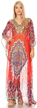 Sakkas Wilder  Printed Design Long Sheer Rhinestone Caftan Dress / Cover Up