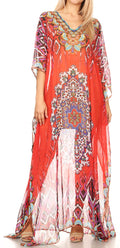 Sakkas Wilder  Printed Design Long Sheer Rhinestone Caftan Dress / Cover Up#color_17154-RedBlue