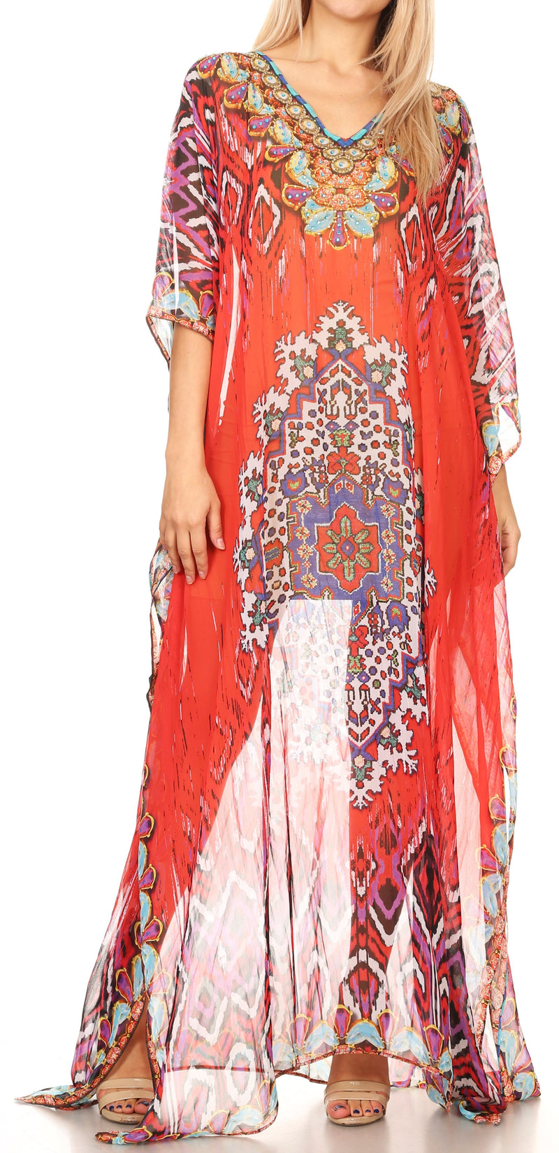 Sakkas Wilder  Printed Design Long Sheer Rhinestone Caftan Dress / Cover Up