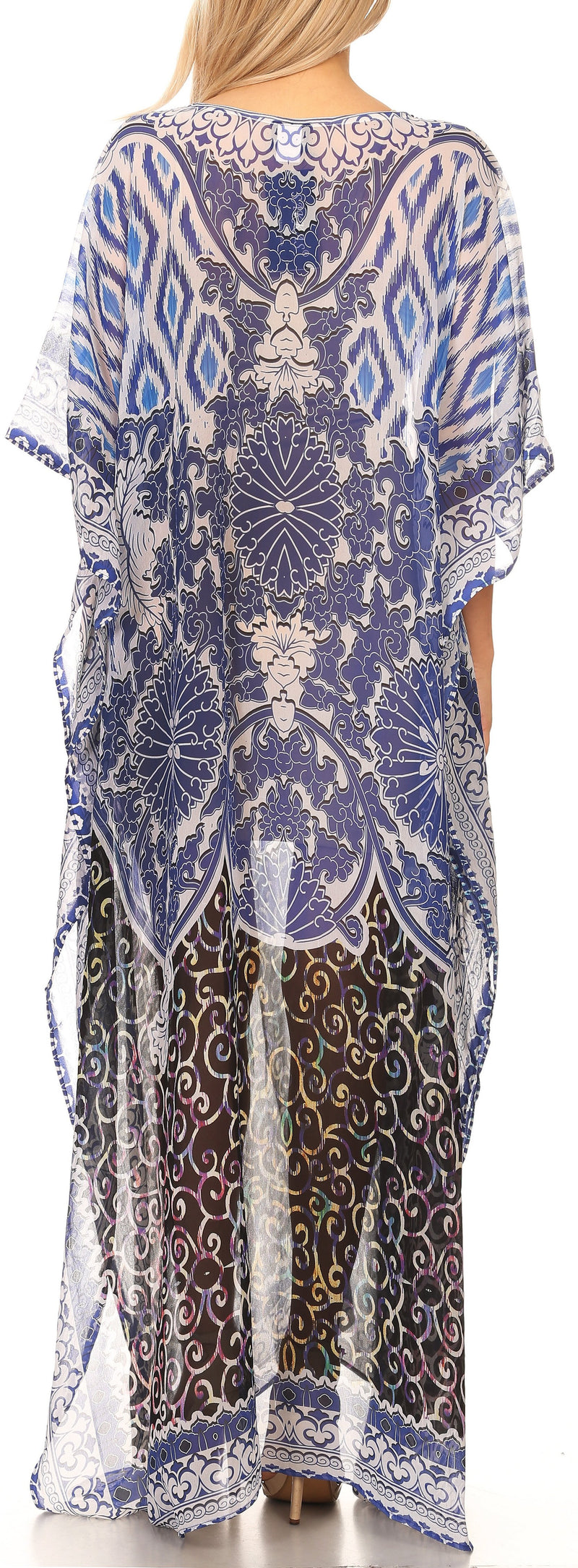 Sakkas Wilder  Printed Design Long Sheer Rhinestone Caftan Dress / Cover Up