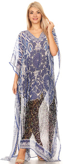 Sakkas Wilder  Printed Design Long Sheer Rhinestone Caftan Dress / Cover Up