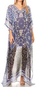 Sakkas Wilder  Printed Design Long Sheer Rhinestone Caftan Dress / Cover Up#color_17156-BlackWhiteBlue