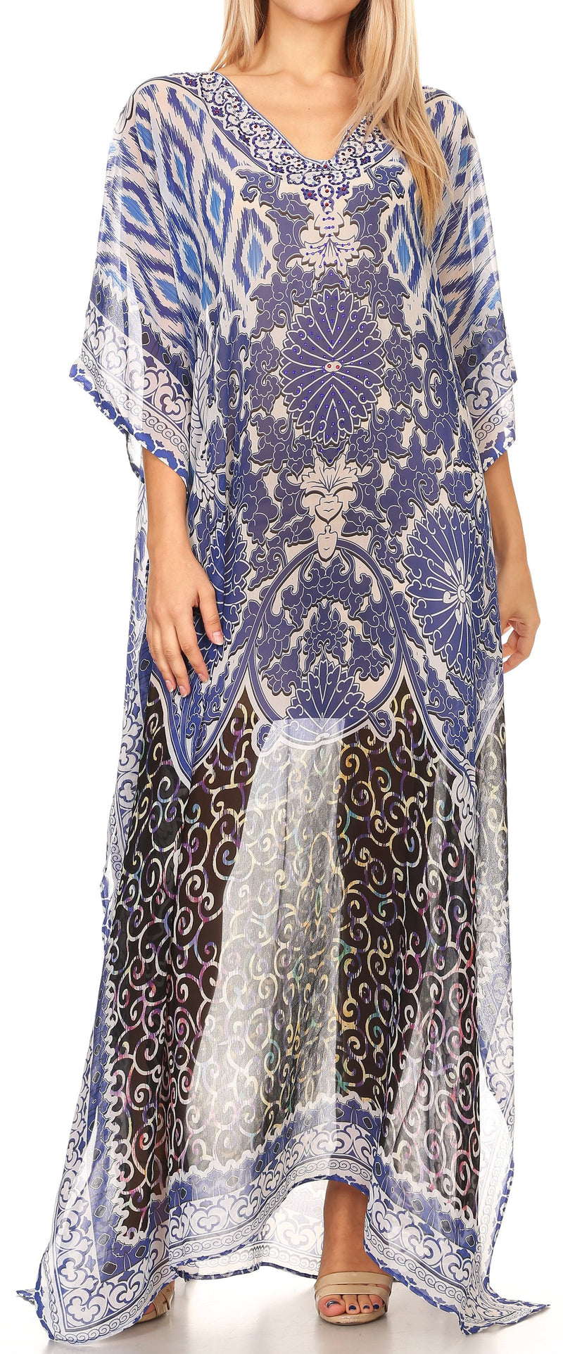 Sakkas Wilder  Printed Design Long Sheer Rhinestone Caftan Dress / Cover Up