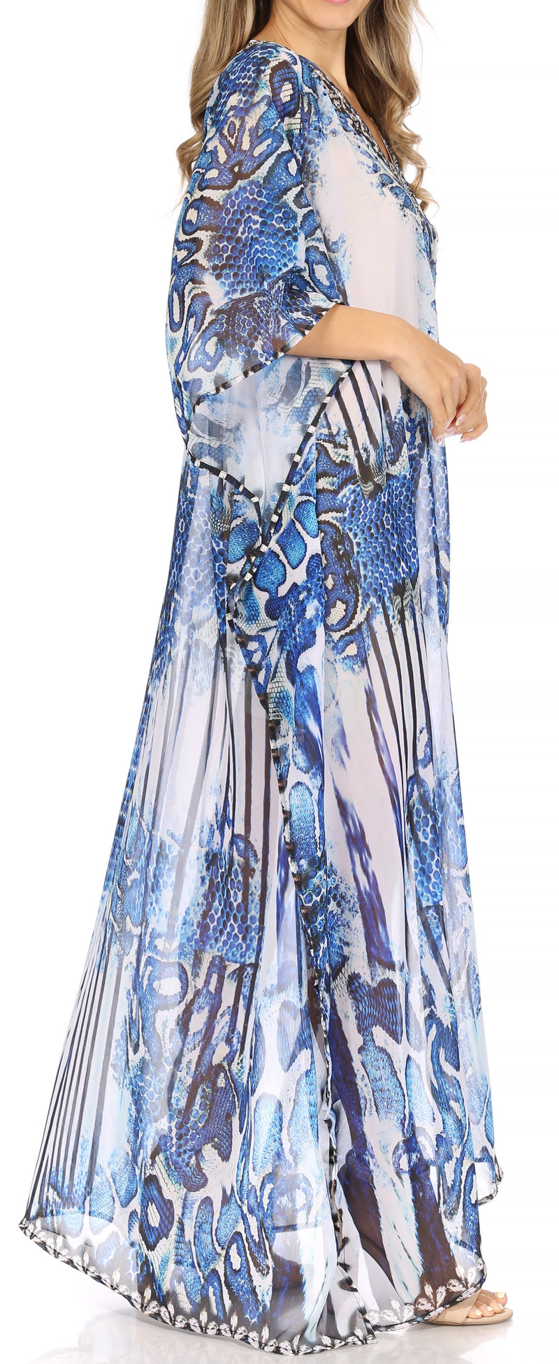 Sakkas Wilder  Printed Design Long Sheer Rhinestone Caftan Dress / Cover Up