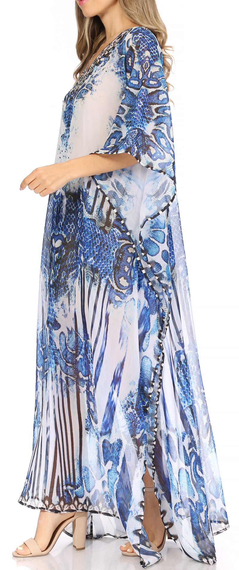 Sakkas Wilder  Printed Design Long Sheer Rhinestone Caftan Dress / Cover Up