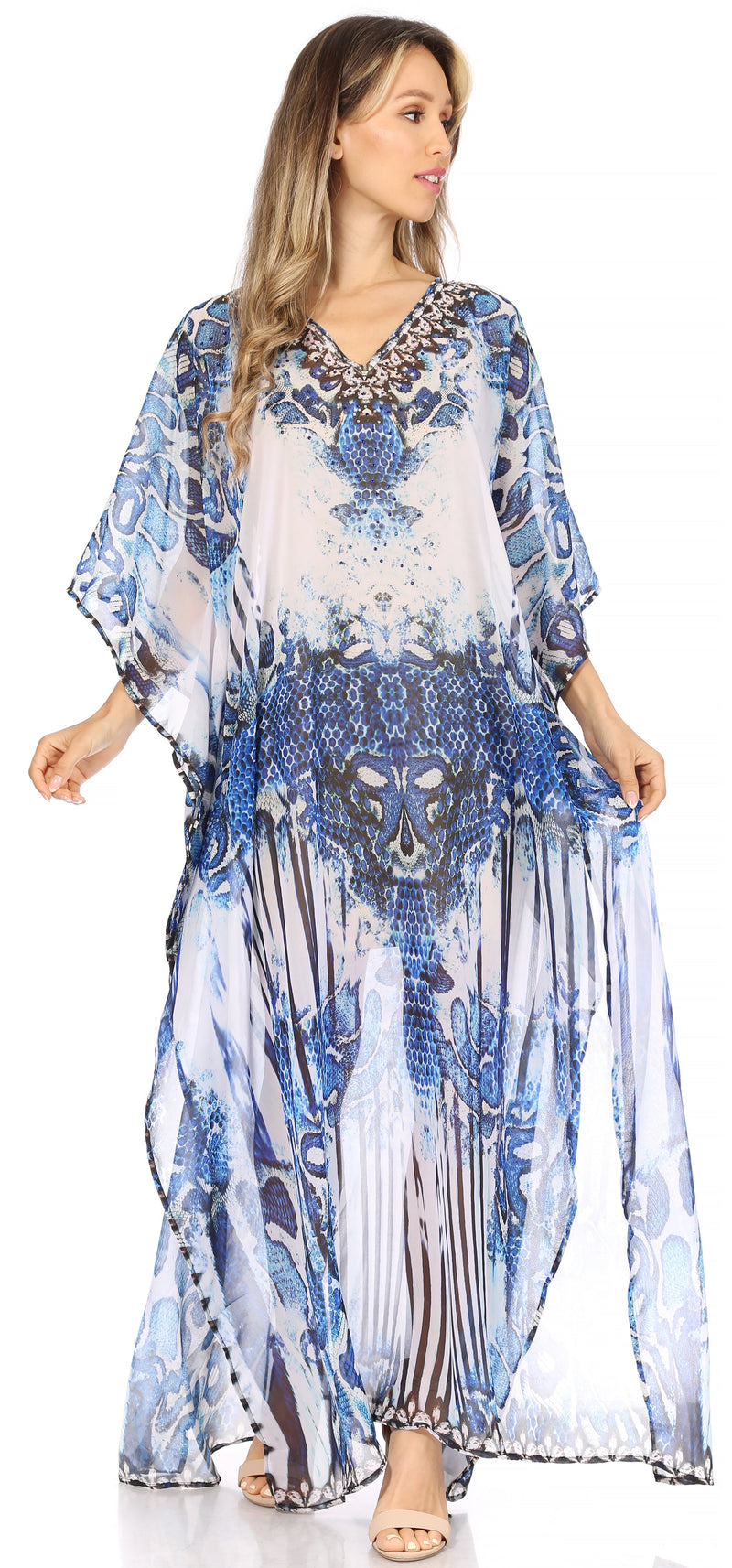 Sakkas Wilder  Printed Design Long Sheer Rhinestone Caftan Dress / Cover Up