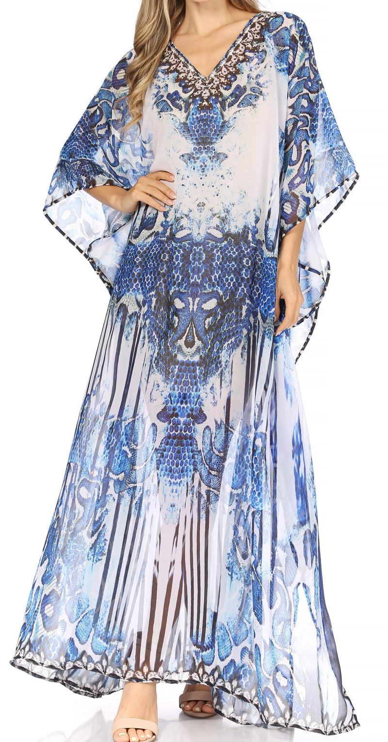 Sakkas Wilder  Printed Design Long Sheer Rhinestone Caftan Dress / Cover Up