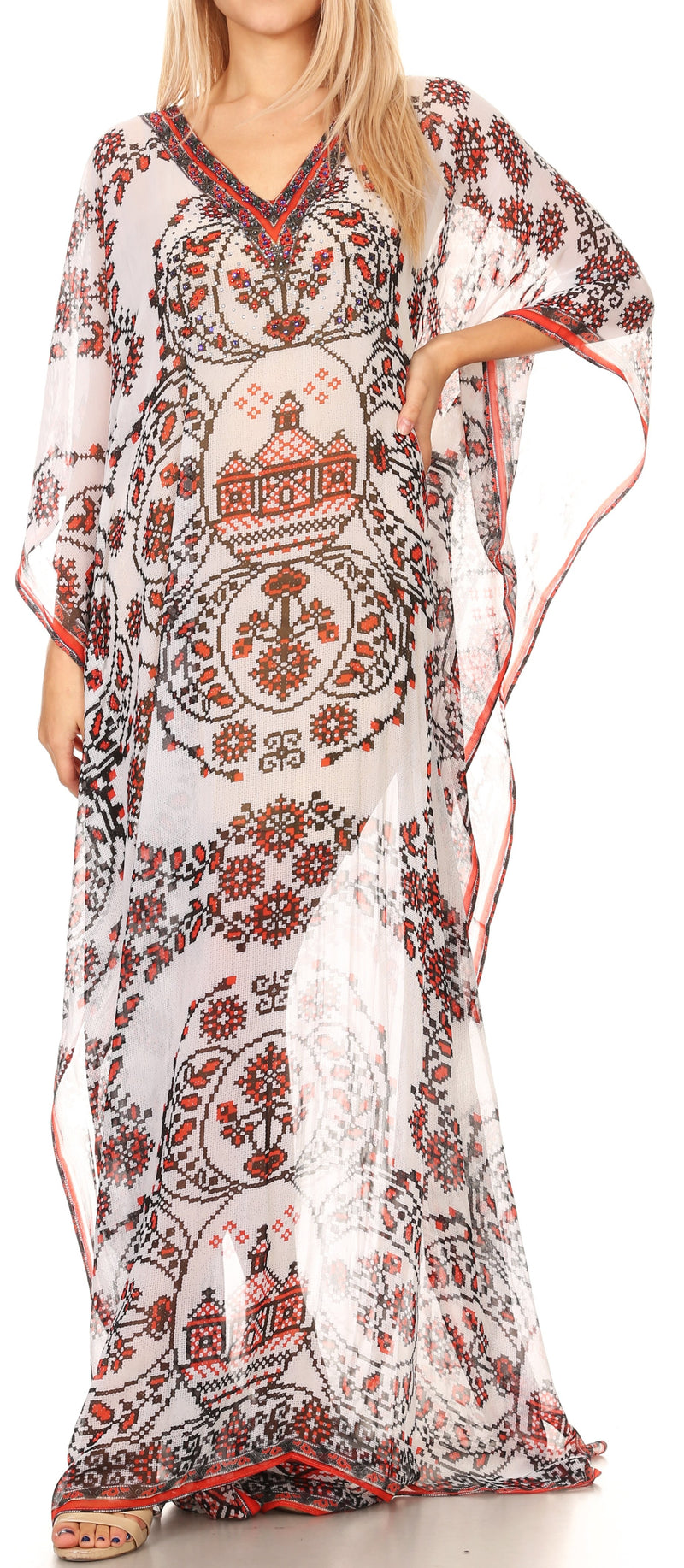 Sakkas Wilder  Printed Design Long Sheer Rhinestone Caftan Dress / Cover Up