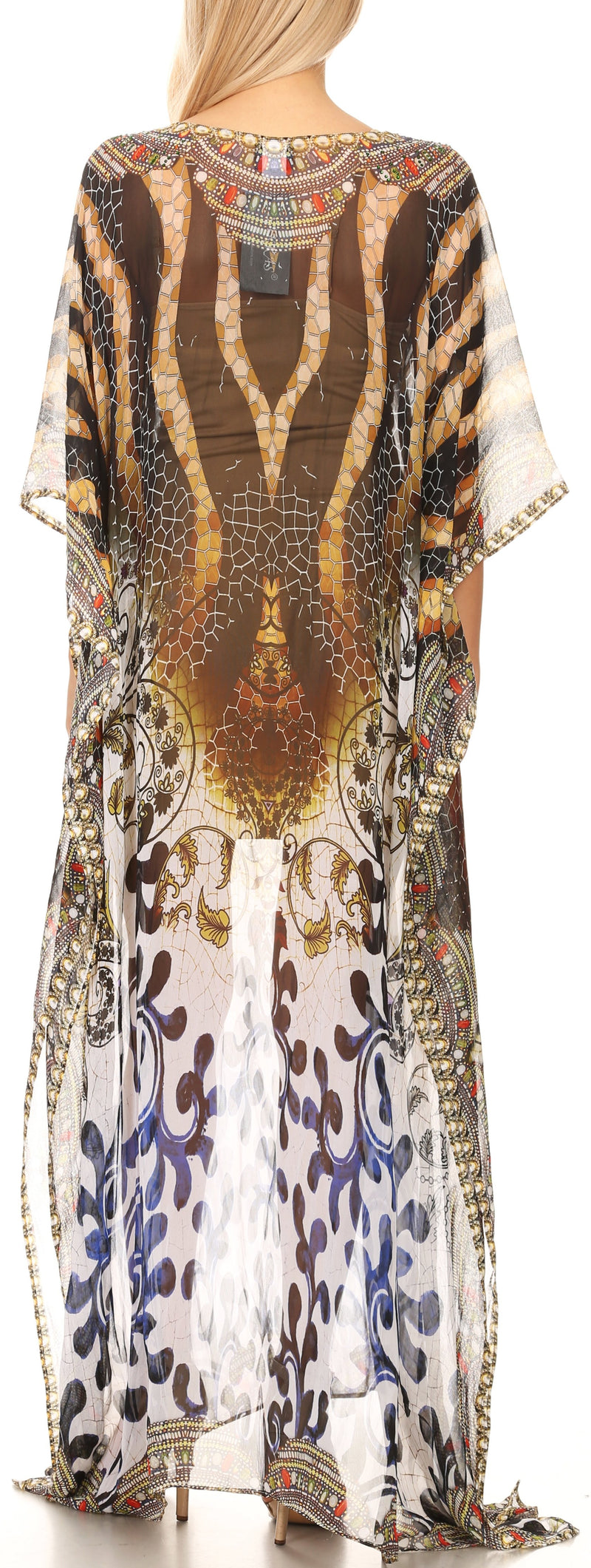 Sakkas Wilder  Printed Design Long Sheer Rhinestone Caftan Dress / Cover Up