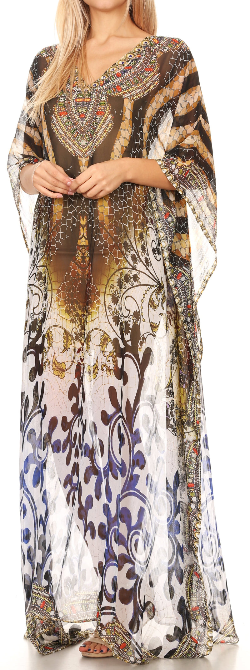 Sakkas Wilder  Printed Design Long Sheer Rhinestone Caftan Dress / Cover Up