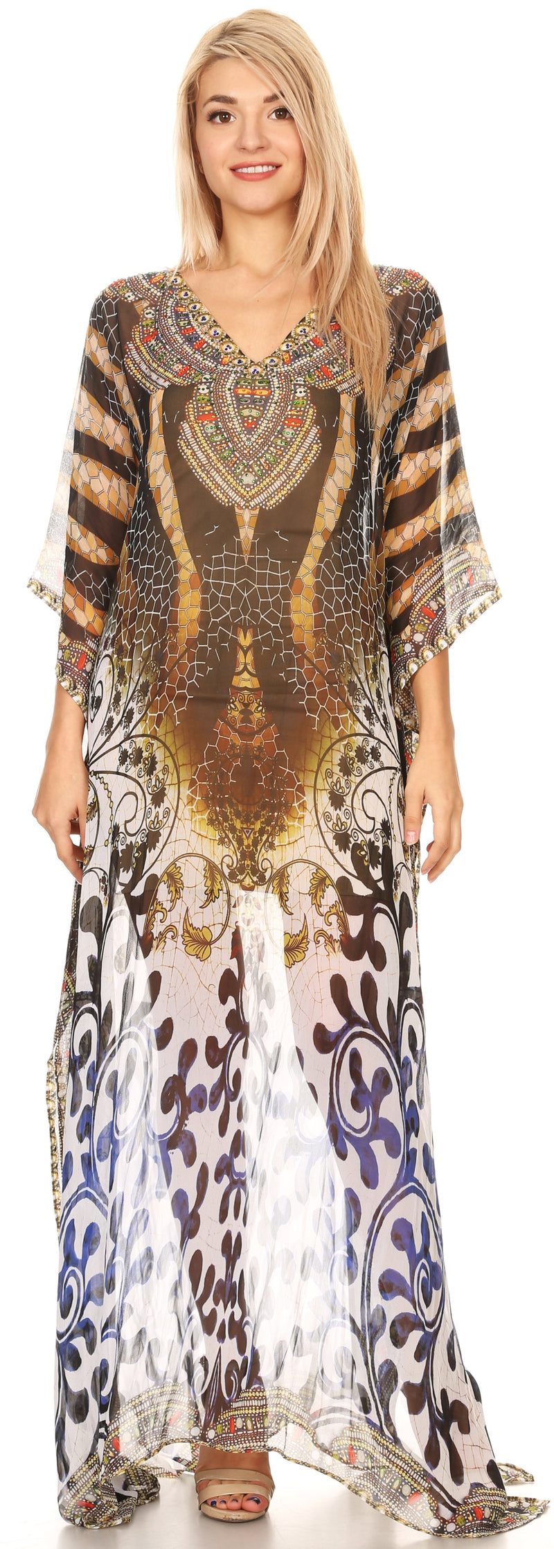 Sakkas Wilder  Printed Design Long Sheer Rhinestone Caftan Dress / Cover Up